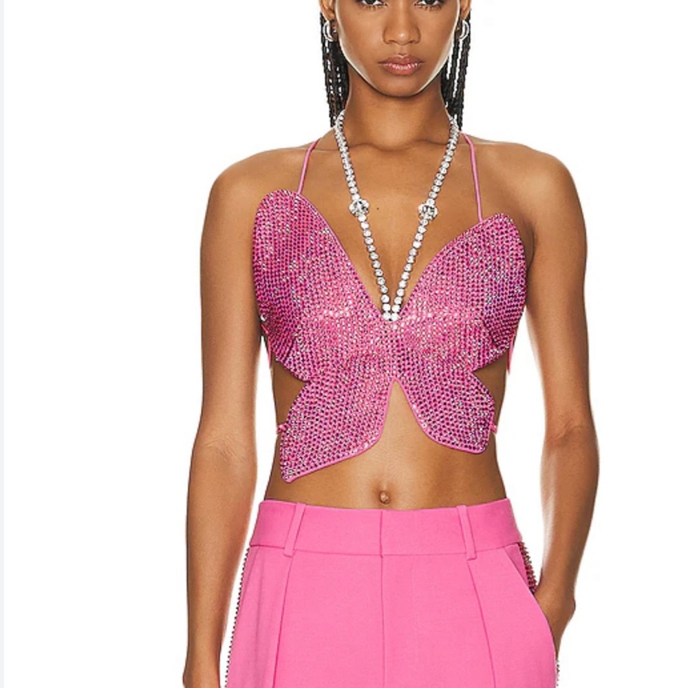 AREA lace-up back butterfly top
Crystal embellished halterneck strap, NEW